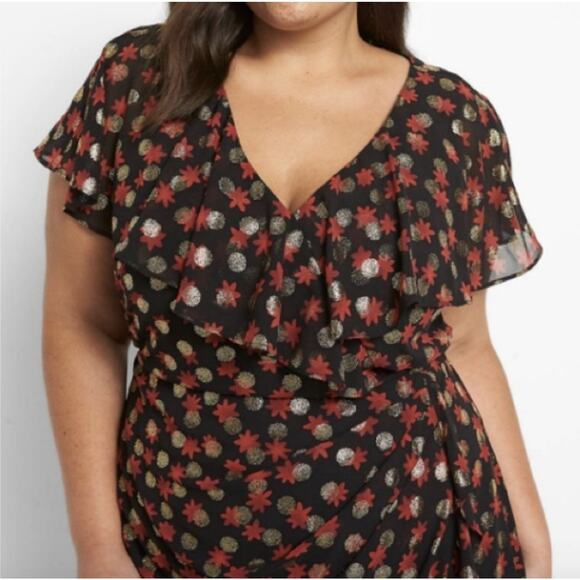 Lane Bryant Surplice Fitted Sz. 28 Black Midi Dress Red Metallic Gold Polka Dot - Picture 2 of 11
